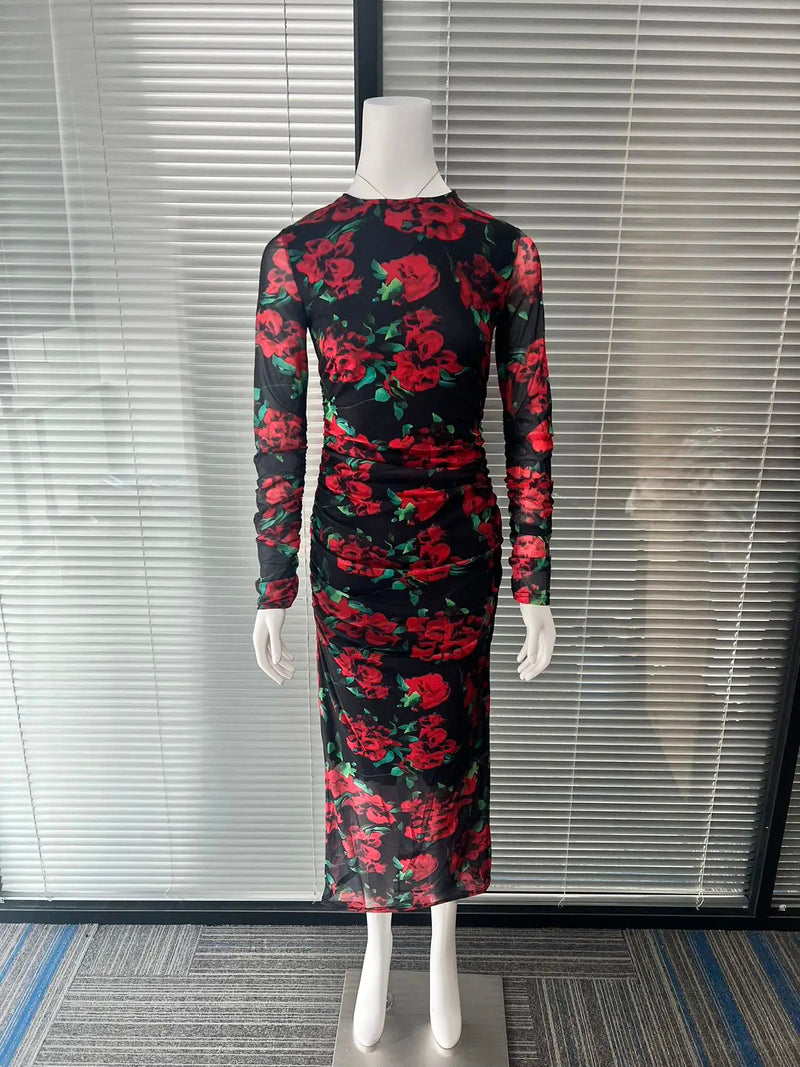 Deioao Long Sleeve Silk Elegant Women's Flower Long Dresses Summer Bodycon lace up Slim Red Modesty Fashion Female Clothing