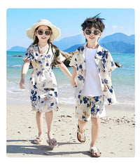 2024 Summer Holiday Family Vacation Look Clothes Dad and Son Shirts Two Piece Outfits Sets Mom and Daughter Short Sleeve Dress