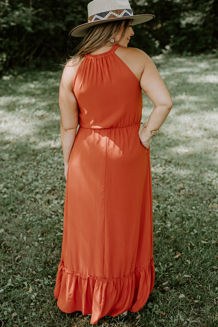 Russet Orange Plus Size Ruffled Hem Sleeveless Long Dress