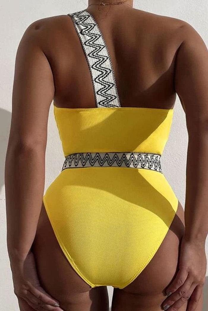 Yellow Contrast Trim Cut out One Shoulder One Piece Swimsuit