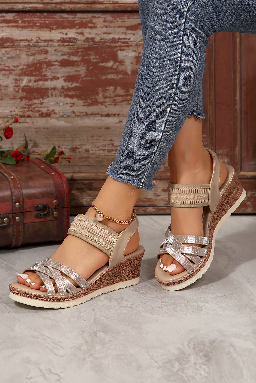 Beige Criss Cross PU Leather Platform Sandals