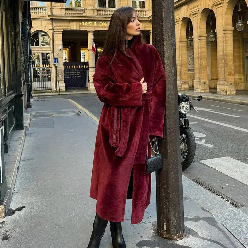 Burgundy Reversible Warm Faux Fur Leather Long Coat Elegant Women Belted Lapel Full Sleeve Overcoat 2024 Lady Thick Streetwear ﻿