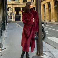 Burgundy Reversible Warm Faux Fur Leather Long Coat Elegant Women Belted Lapel Full Sleeve Overcoat 2024 Lady Thick Streetwear ﻿