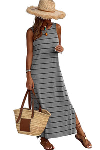 Women's Stripe Print Open Back Sleeveless Tank Maxi Dress with Slits