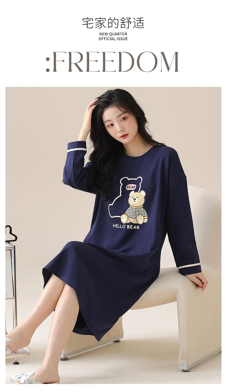 M-5XL Plus Size Autumn Spring Women Long Nightgowns Pullover Loose Bra Padded Sleepshirt Casual Cotton Nightdress Leisure Shirt