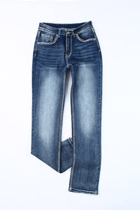 Sky Blue Embroidered Cow Straight Leg Jeans