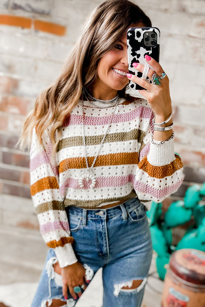 Tan Striped Hollowed Knitted Loose Sweater