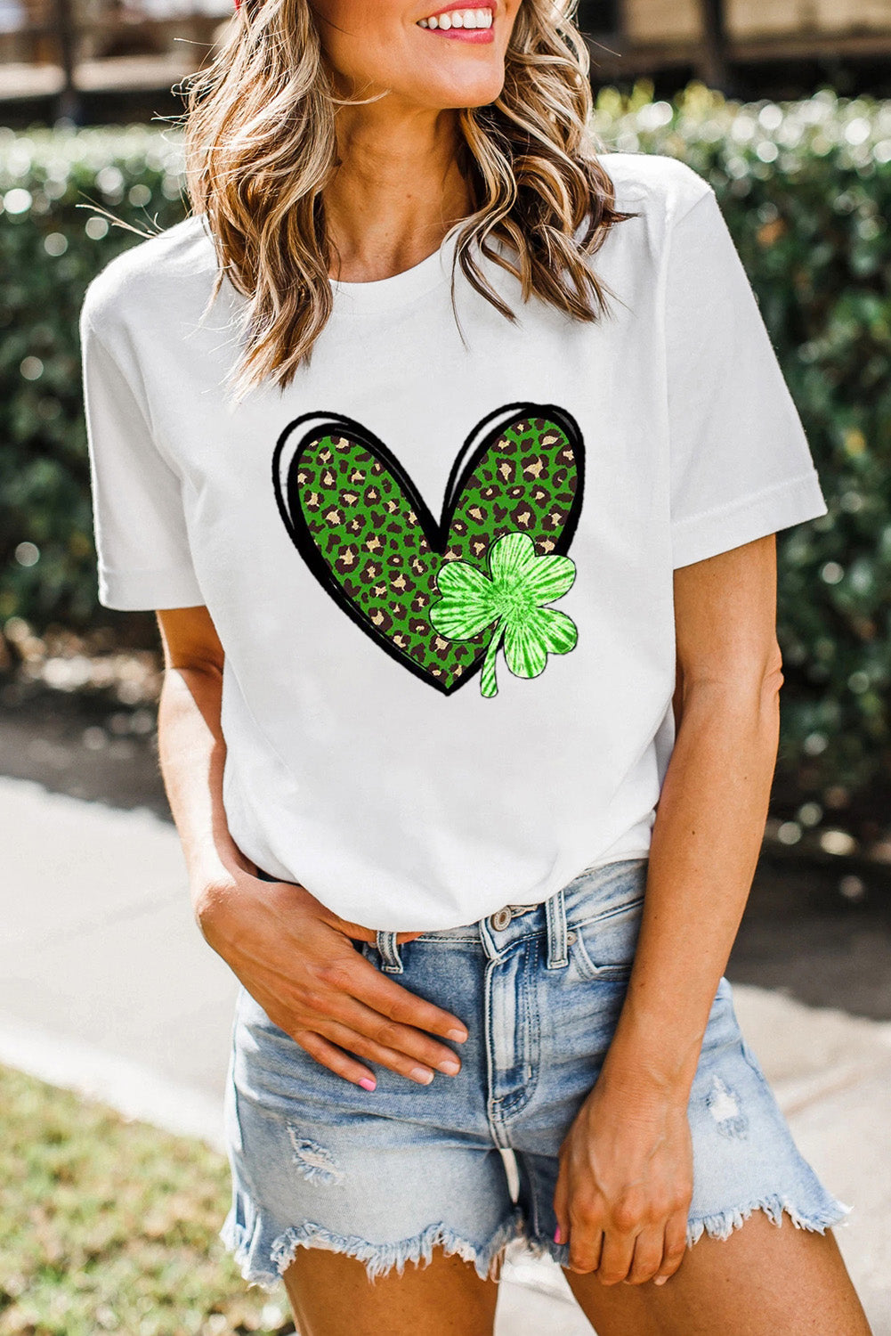 White Clover Leopard Heart Shaped Print Crewneck Graphic Tee