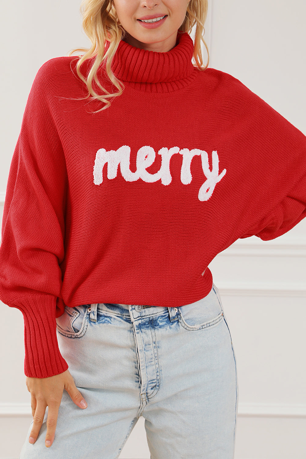 Blackish Green Merry Letter Embroidered High Neck Sweater