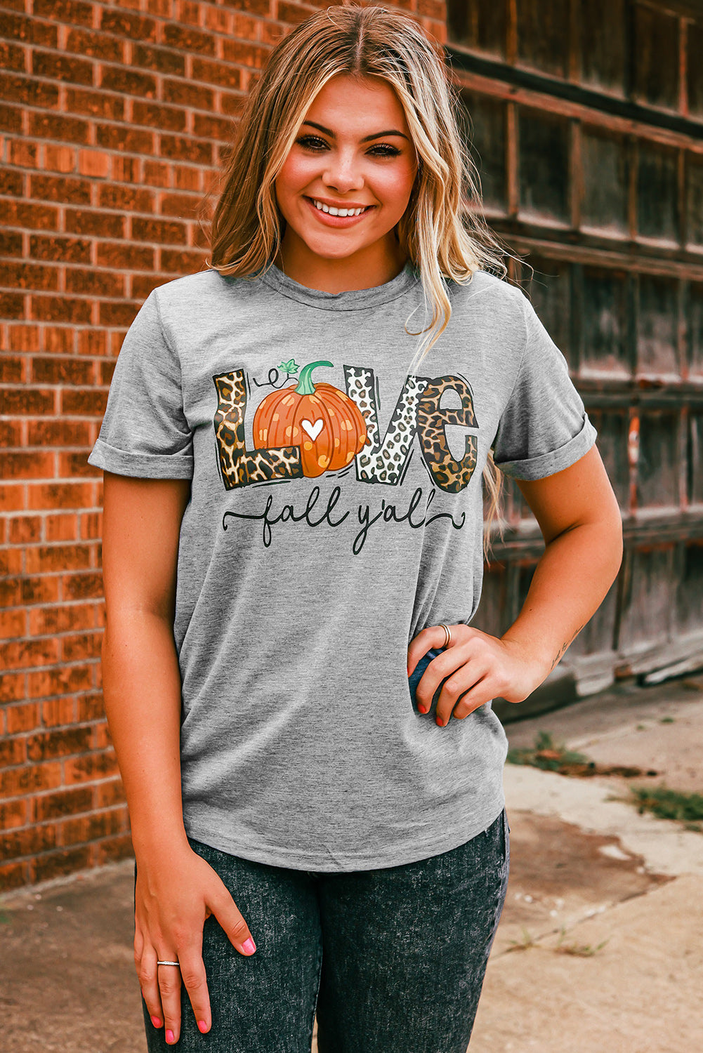 Gray Love Fall Yall Pumpkin Leopard Graphic T Shirt