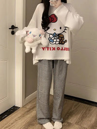 Women's Loose Round Neck Cute Kitty Homewear Pajamas Women's Simple Leisure Long Sleeve Long Pants Two-piece Suit Pajamas  Women