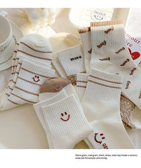 5 Pairs Women's Cute Smiling Mid Tube Print Socks Comfortable And Soft Round Neck Sports Socks Stockings