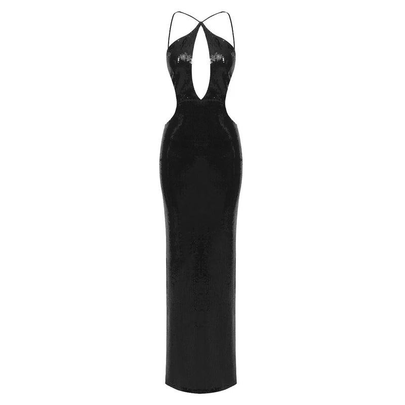 Women Summer Luxury Sexy Backless Halter Black Mesh Sequins Maxi Long Gowns Dress Elegant Sparkly Evening Party Club Dress