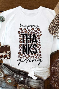 White Happy THANKS Giving Leopard Print Graphic T Shirt