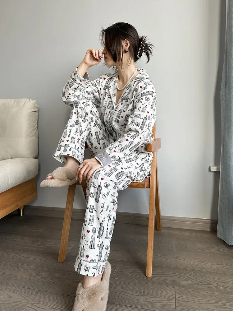 100% Cotton Pajamas for Women Loose Cartoon Long Sleeve Pants Loungewear Women 2 Piece Set Pj Women Outfit Sleepwear Set Pijamas