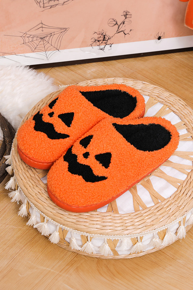 Orange Halloween Pumpkin Face Graphic Plush Slippers