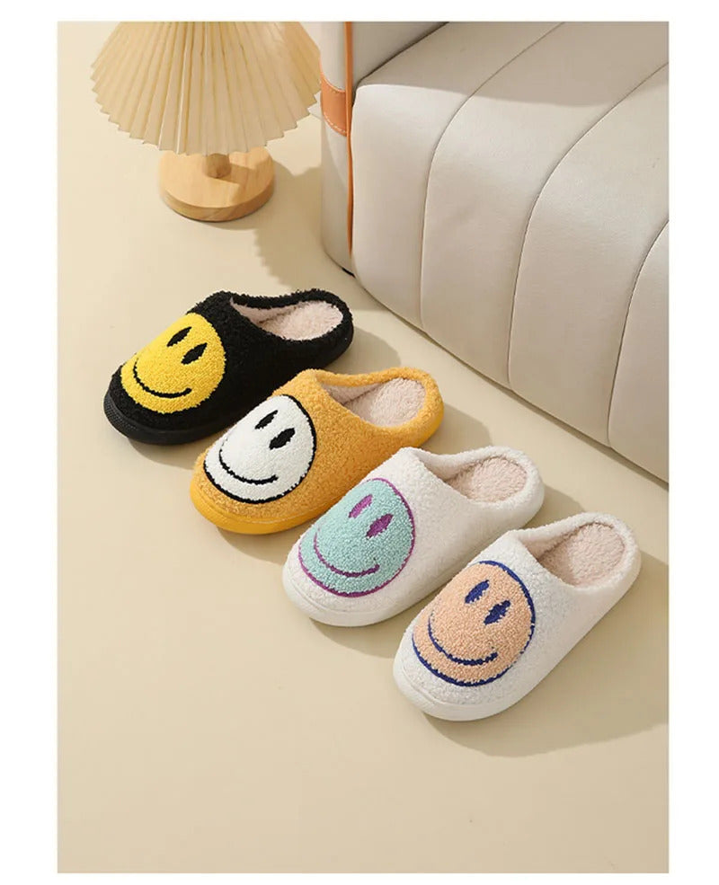 Cute Smiles Women's Fluffy Slippers Winter Indoor Closed Toe Warm Couple Slippers Woman Non-slip Flat Heel Fur Home Slides Shoes