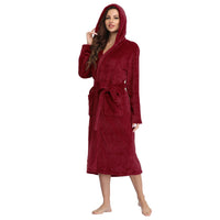 RONGTAI Womens Solid color Hooded Bathrobe Ladies Fleece Plush Warm Long Robes Fleece Nightgown Sleepwear