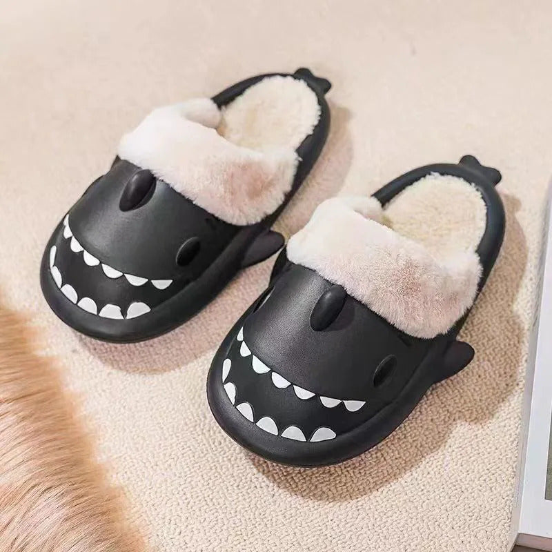 Winter Women Shark Slippers Couple Removable Liner Indoor Warm Cute Shark Slides Plush Cotton Flip Flops Home Indoor Cotton Shoe