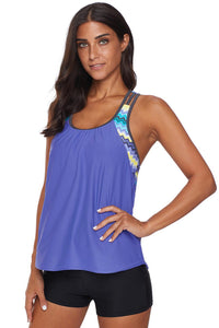 Sky Blue Blouson Striped Printed Strappy T-Back Push up Tankini Top