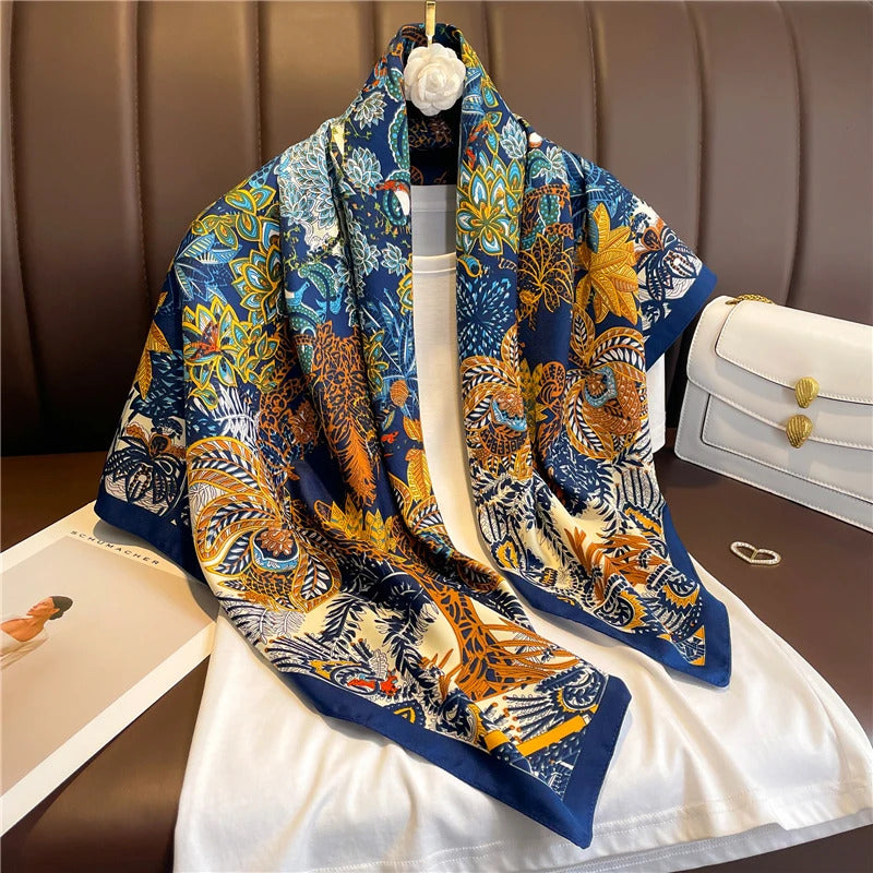 90cm Silk Twill Square Scarf For Women Spring Print Hair Band Hijab Foulard Sunsceen Neckerchief Shawl Wraps Echarpe New