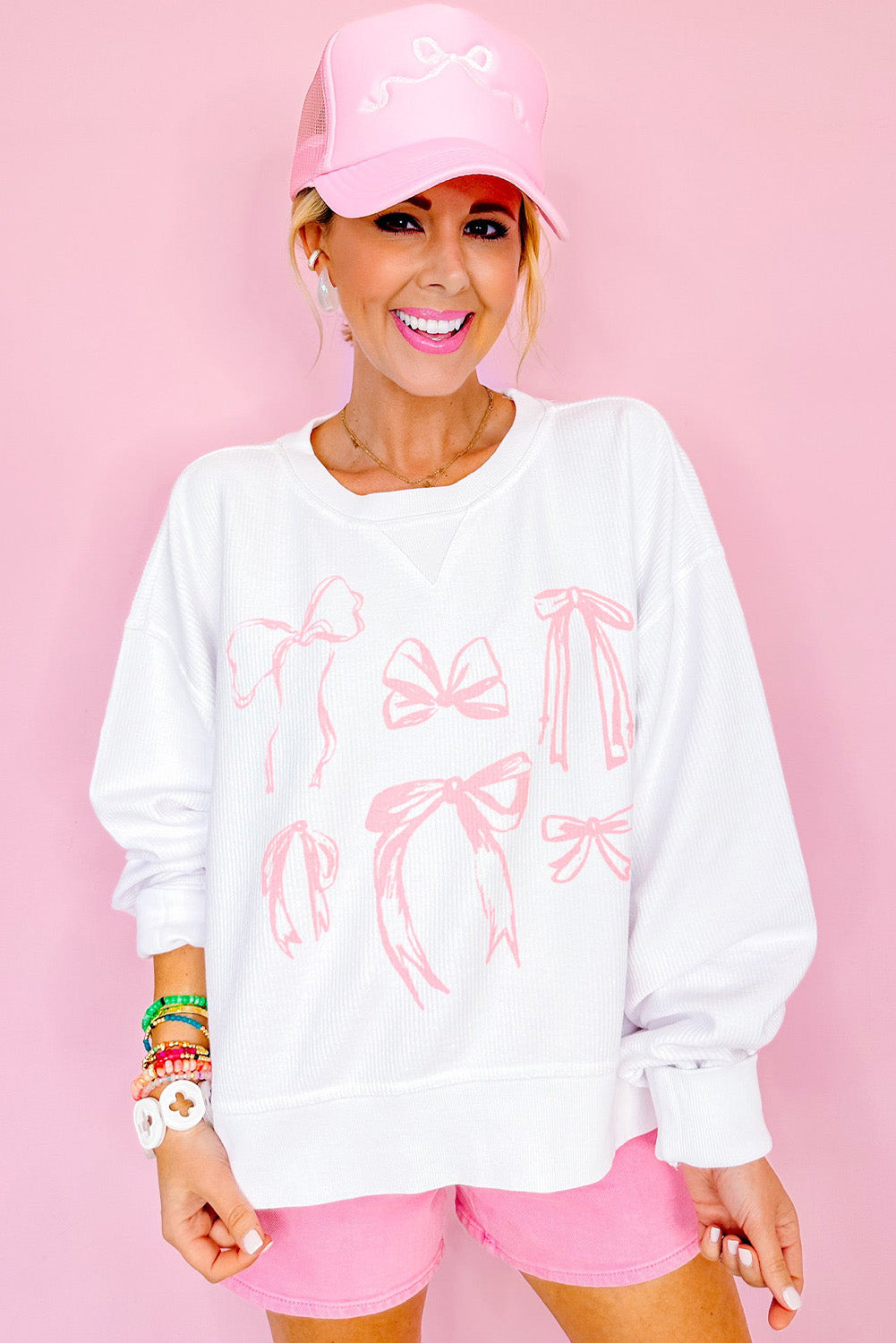 White Bowknot Pattern Corded Long Sleeve Drop Shoulder Top