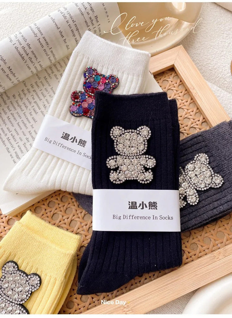 Diamond Cartoon Bear Decorative Socks, Fashionable Diamond Sparkling Women's Socks, Comfortable And Breathable Christmas Socks