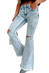 Sky Blue Distressed Acid Wash Flare Jeans