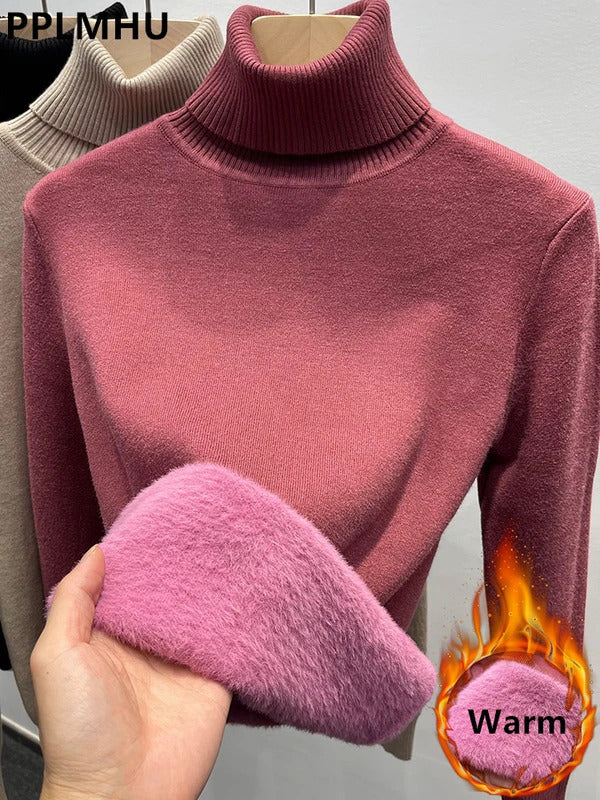 Thicken Velvet Turtleneck Sweater Women Korean Fashion Lined Warm Sueter Knitted Pullover Slim Top Winter Jersey Knitwear Jumper