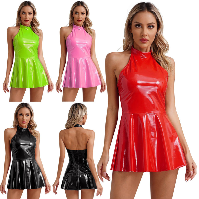 Womens Latex Swing Skirt Disco Dress Glossy Patent Leather Clubwear Halter Sleeveless Skater Mini Dress Rave Party Clubwear