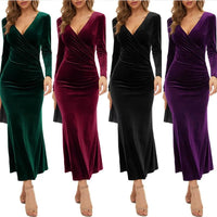 Lady Holiday Christmas Dress Elegant vintage velvet autumn Winter  V-neck long sleeve stretch waist length dress Party Dress