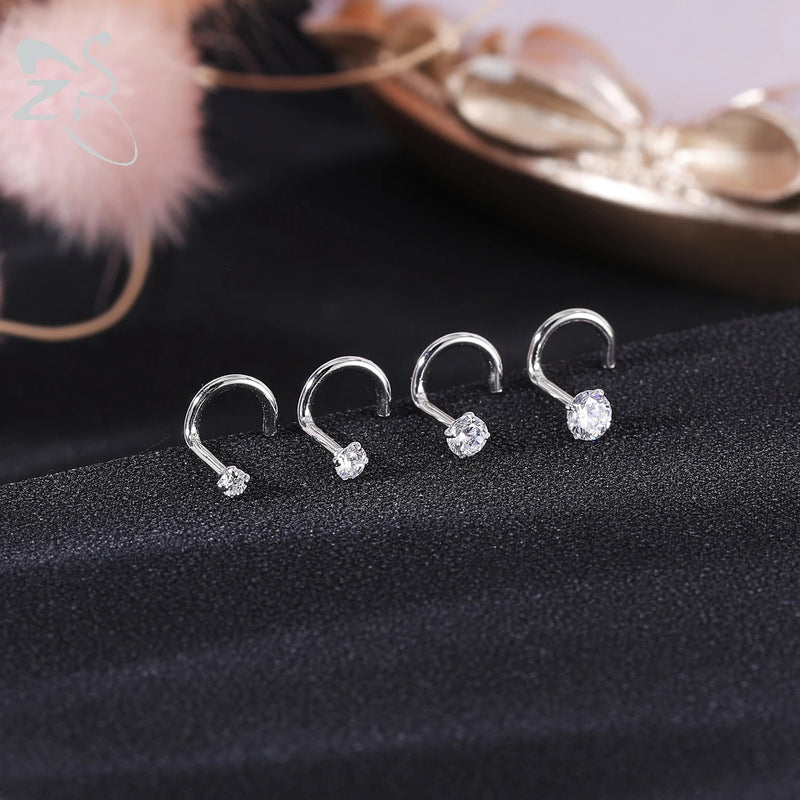 ZS 1PC 18/20G 925 Sterling Silver Nose Stud Gold Color Crystal Nose Piercings Screw L-Shape Retainer Nostril Piercing 2-3.5mm