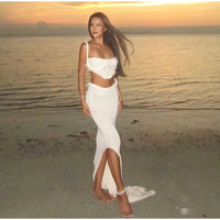 Knit Halter 2 Piece Suit Women Halter Sleeveless Backless Crop Tank Long Hip Package Skirt 2025 Vacation Lady Sets