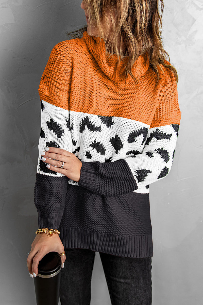 Orange Turtleneck Splicing Chunky Knit Pullover Sweater