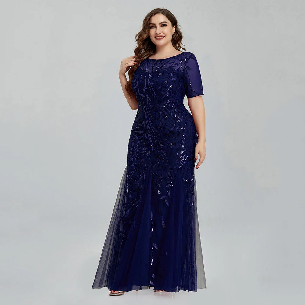 Women Plus Size Sequin Mesh Embroidery Mermaid  Evening Dress Formal Short Sleeve Elegant Party Prom Gowns 2020 New Long Dress