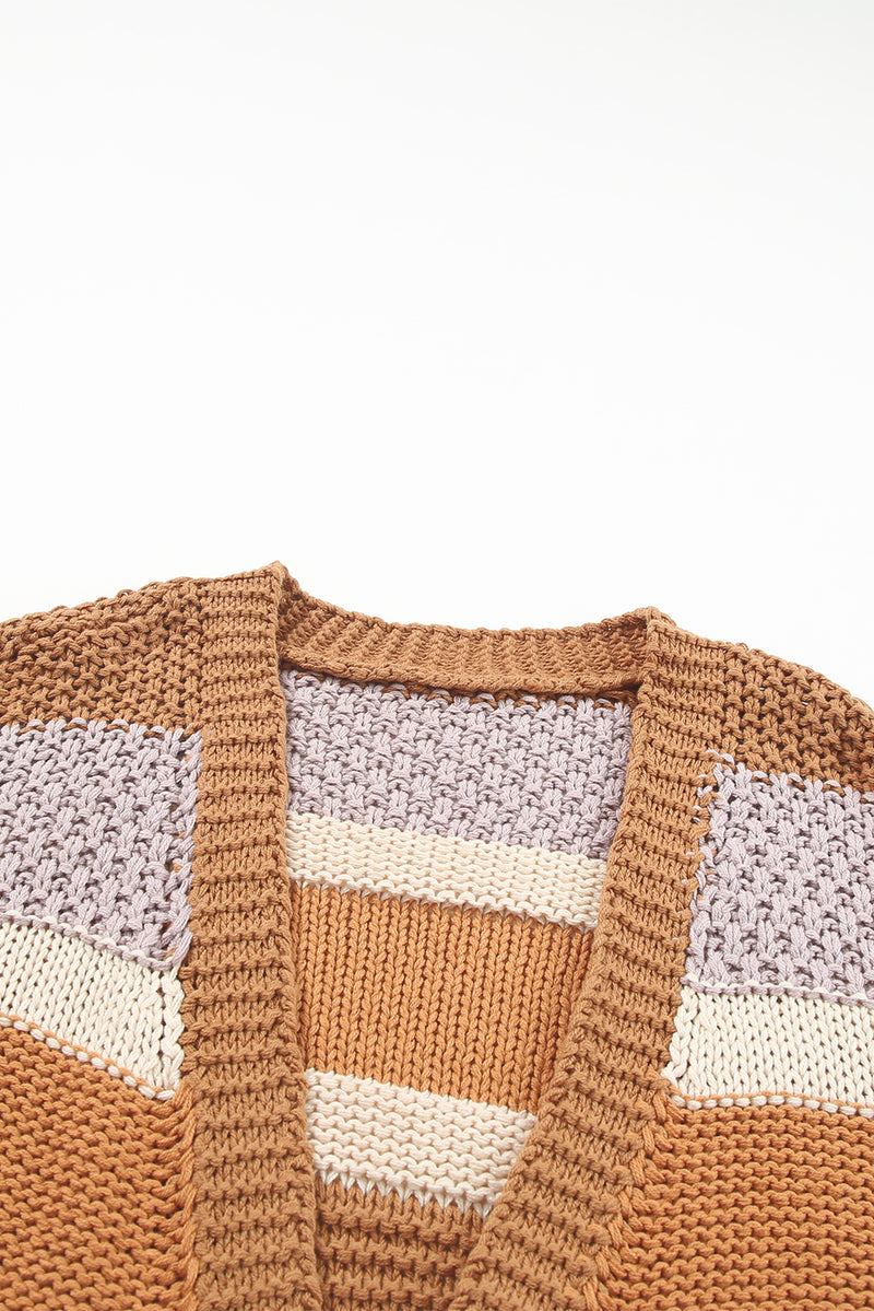 Brown Color Block Knit Drop Shoulder Open Front Sweater