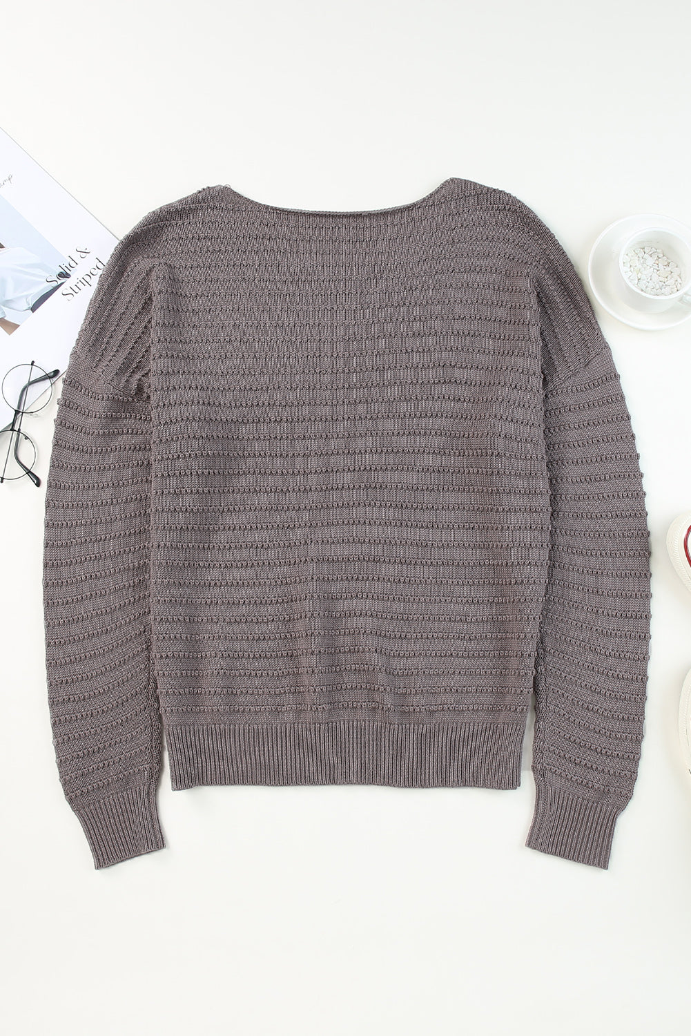 Brown Textured Knit Round Neck Dolman Sleeve Sweater