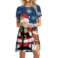 Cartoon Santa Claus Dress Women Cute Christmas Snowflake Print Dress Short Sleeve Loose Mini Dress Fashion Casual Party Clothes