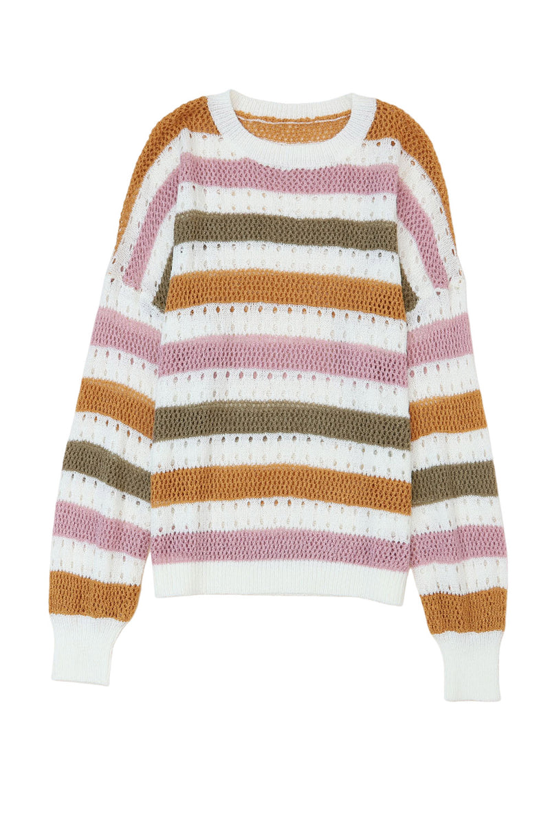 Tan Striped Hollowed Knitted Loose Sweater