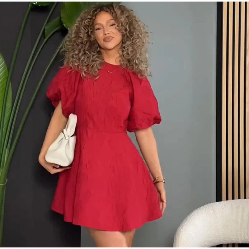 2025 Spring New Puff Sleeve Mini Dress For Women Elegant Back Lace Up Short Party Dress Female New Chic Lady Evening Vestidos