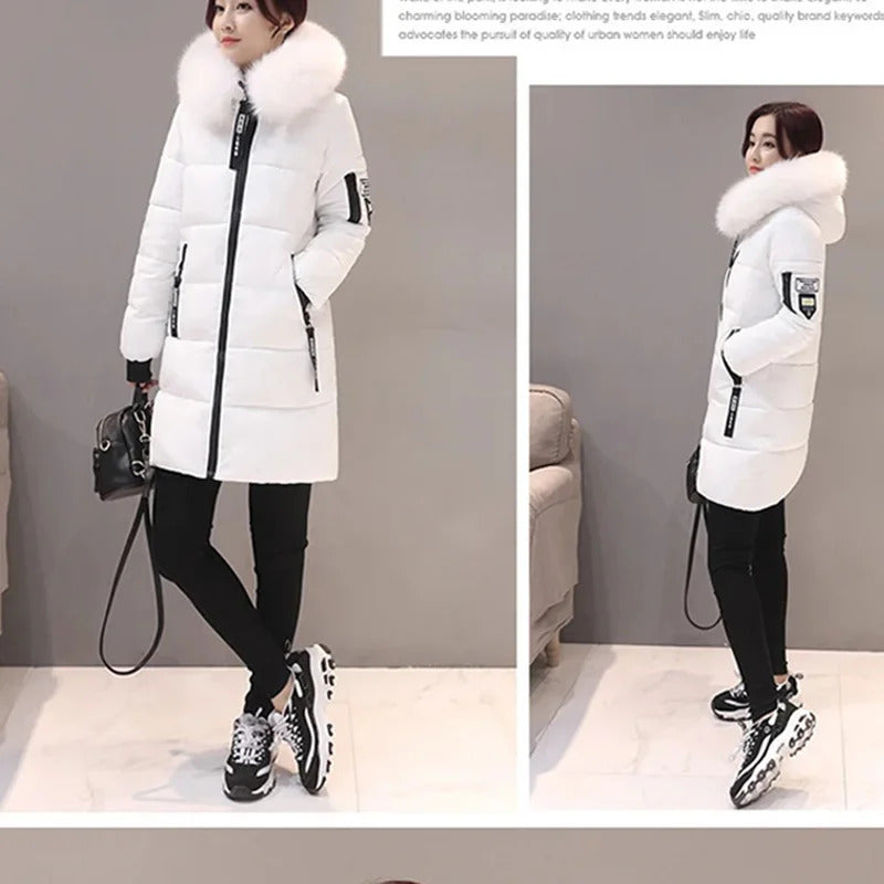 Women Winter Black Fur Collar Hooded Parka Fashion Letter Patch Zipper Pockets Long Jacket Elegant Slim Warm Thick Female Coats