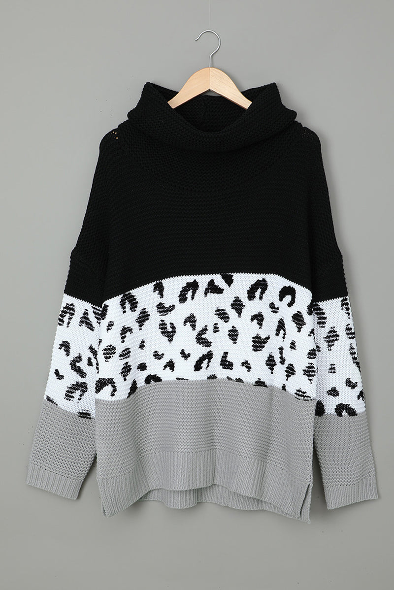 Black Turtleneck Splicing Chunky Knit Pullover Sweater