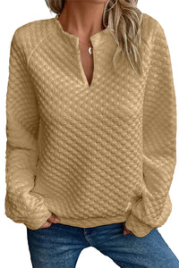 Light Pink Split Neck Quilted Long Sleeve Top