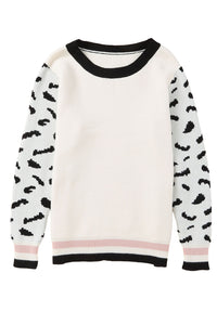 White Leopard Sleeves Contrast Neckline Drop Shoulder Sweater