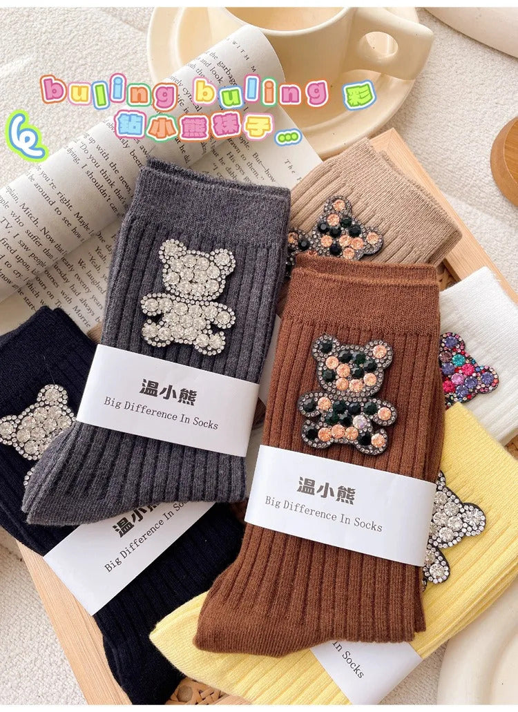 Diamond Cartoon Bear Decorative Socks, Fashionable Diamond Sparkling Women's Socks, Comfortable And Breathable Christmas Socks