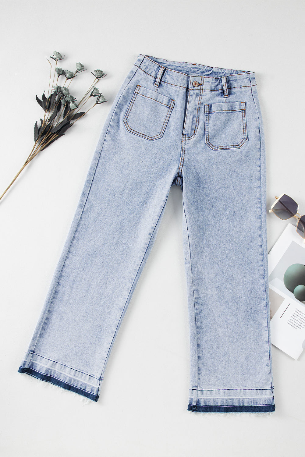 Beau Blue Acid Wash Contrast Edge Pocketed Cropped Jeans