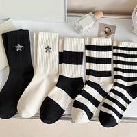 5 Pairs Women's Comfortable Patriotic Mid Calf Socks Cotton Blend, Breathable, Chic Knit Stripe/Star Pattern