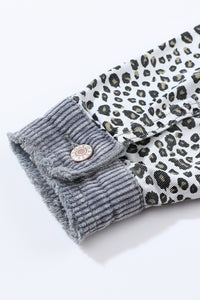 Gray Leopard Patchwork Corduroy Ripped Hem Button up Jacket