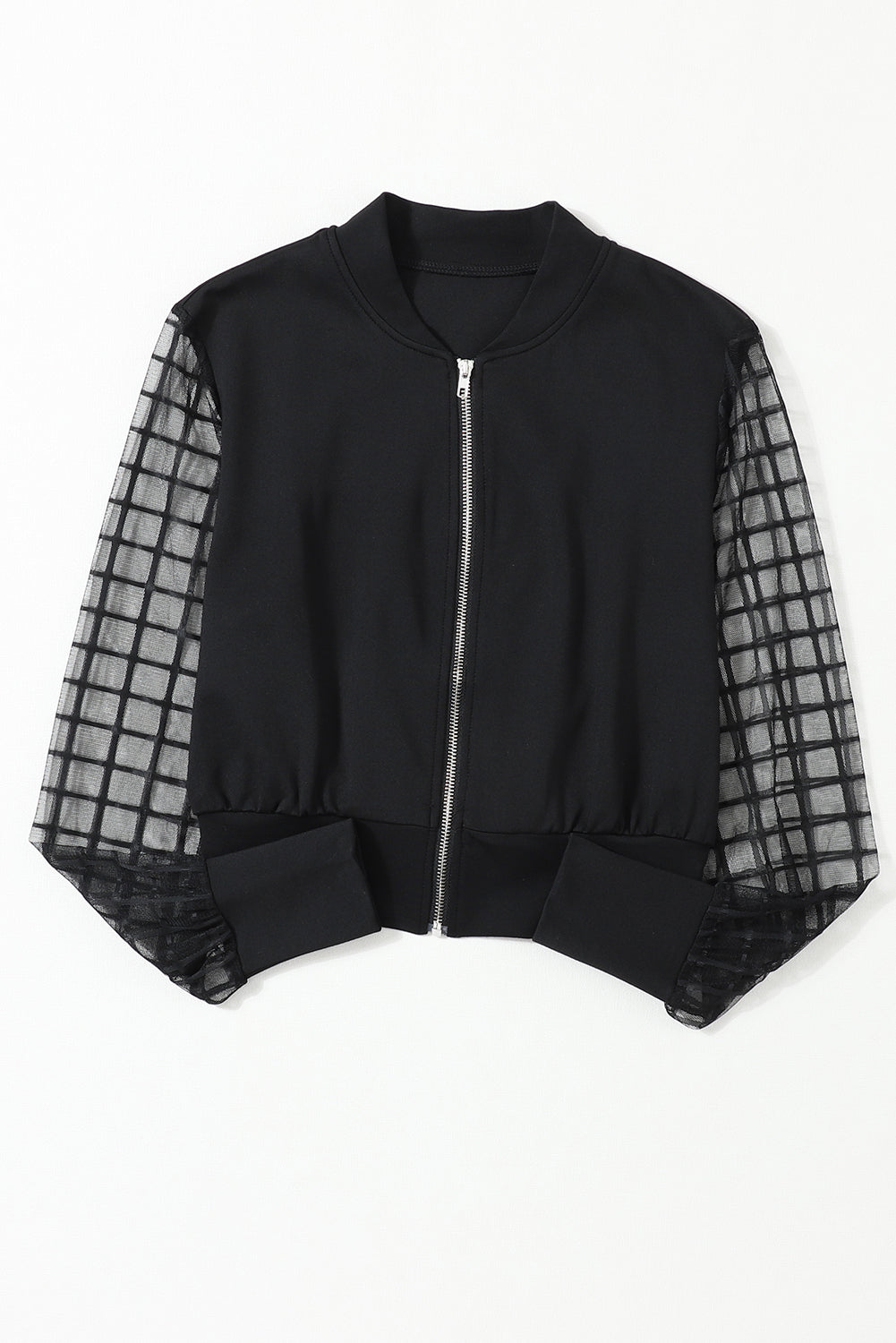 Black Latticed Mesh Sleeve Zip Up Bomber Jacket