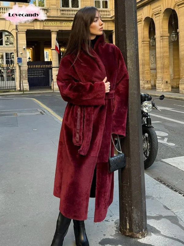 Burgundy Reversible Warm Faux Fur Leather Long Coat Elegant Women Belted Lapel Full Sleeve Overcoat 2024 Lady Thick Streetwear ﻿